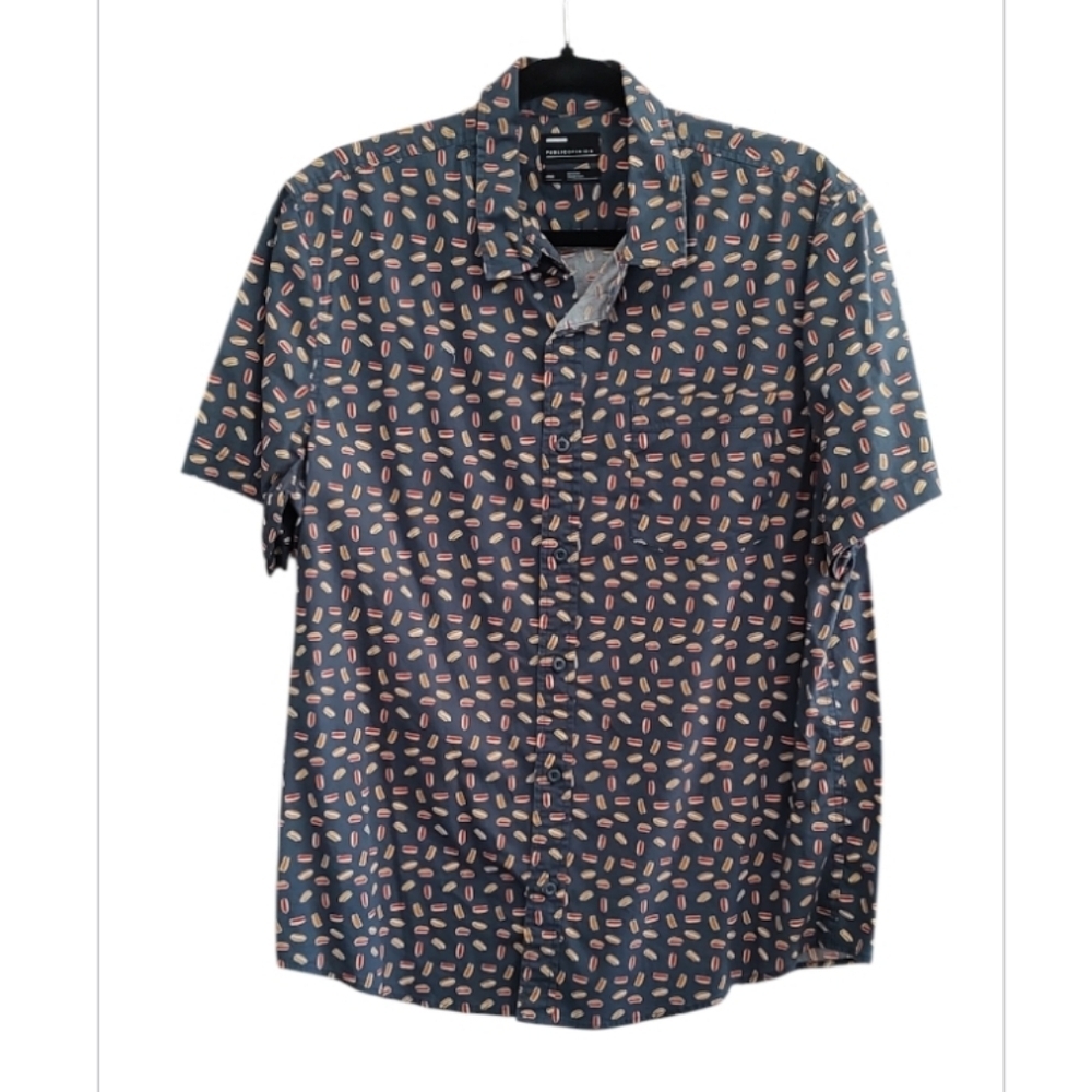 Public Opinion Hot Dog Themed Button Down Short Sleeve Shirt Size L